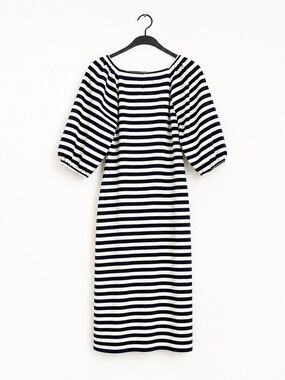 Eliza J Cotton Blend Striped Puff Sleeve Nautical Midi Dress Coastal L
